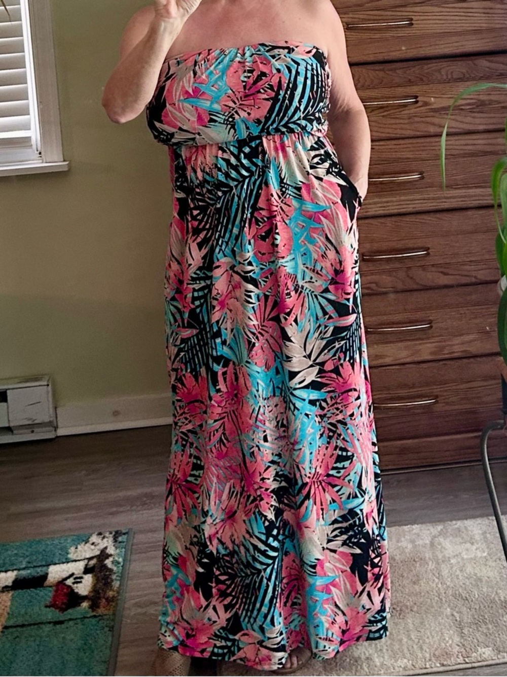 Strapless Hawaiian Maxi Dress Stretchy w/ pockets Pink Blue Size L